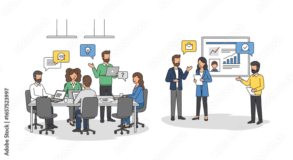 Obraz premium A Business Collaboration Meeting Illustrates Teamwork And Data Analysis, Featuring Professionals In A Modern Office Environment With Charts, Graphs, And Idea Sharing.