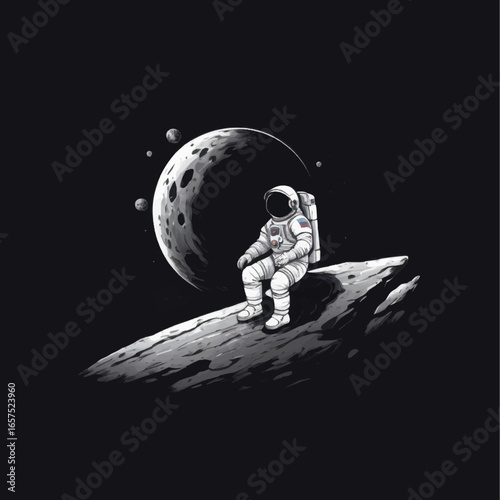 Astronaut Contemplating the Cosmos While Seated on Lunar Surface