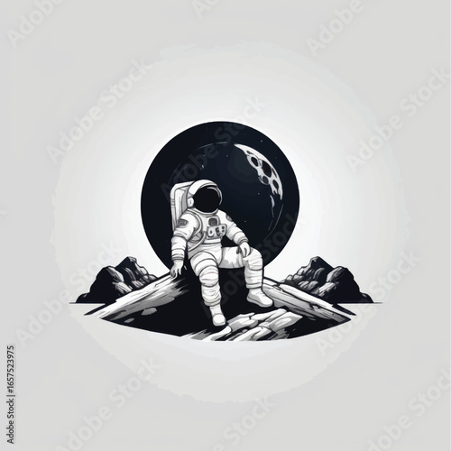 Monochrome astronaut resting on a rocky surface with a dark planet backdrop