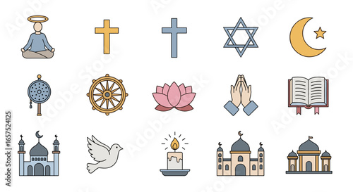 A Collection Of Religious Symbols A Diverse Array Of Icons Depicting Faith, Spirituality, And Cultural Representation, Showcasing Christianity, Buddhism, Islam, And Judaism, Promoting