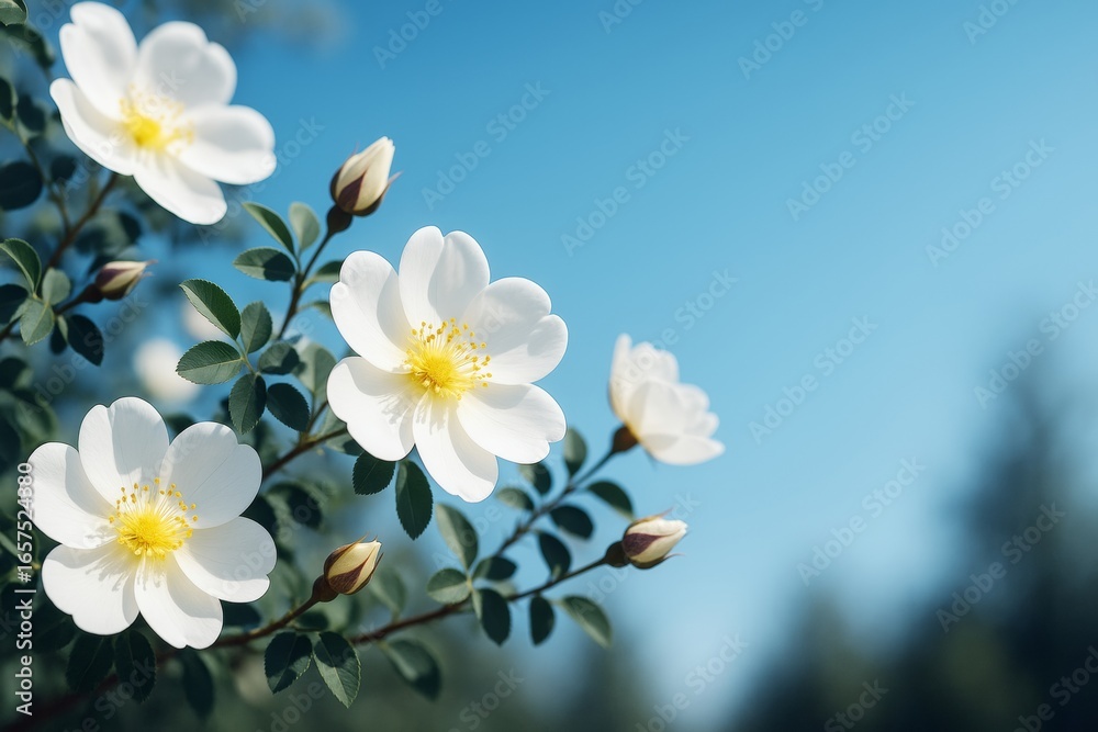 Obraz premium White wild rose flowers blooming in sunlight with green leaves and blue sky background in soft focus, concept of beauty and natural serenity outdoors.