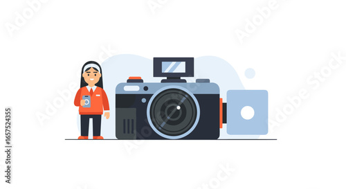 A Cute Illustration Of A Photographer With A Camera, Depicting A Cheerful Woman Holding A Phone, Alongside A Digital Camera With A Flash, Perfect For Photography And Creative Design
