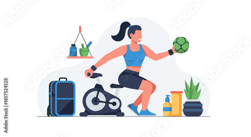 A Fitness Illustration Shows A Woman Exercising On A Stationary Bike While Holding A Green Ball, Depicting A Healthy Lifestyle, Exercise, And Home Fitness.