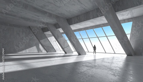 A Modern Architectural Space Featuring A Person Gazing Out A Large Window to the Sky