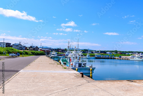 Otoshibe District, Esashi Fishing Port and Coastline under June Blue Sky, Hokkaido, Japan
