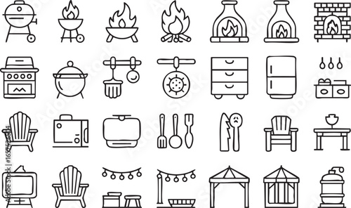 A set of black and white line art outdoor cooking icons on a transparent background