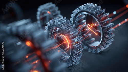 Large transparent gears Abstract depiction of interconnected gears with glowing elements, representing technology and innovation.