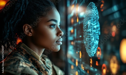 Side profile of a Black female military soldier using AI technology. The scene highlights the integration of advanced technology in military and defense operations, Generative AI