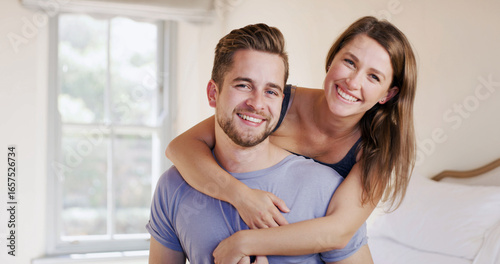Free Download Portrait, couple and hug in bedroom for happiness, support and care in relationship with commitment in home. Love, man and woman for connection, embrace and trust in marriage with morning in house - GFXLoad