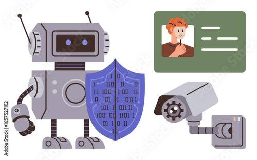 Robot beside binary-detailed shield, surveillance camera, and ID card suggests data privacy, AI security, and identity verification. Ideal for cyber security, AI ethics, data protection, automation
