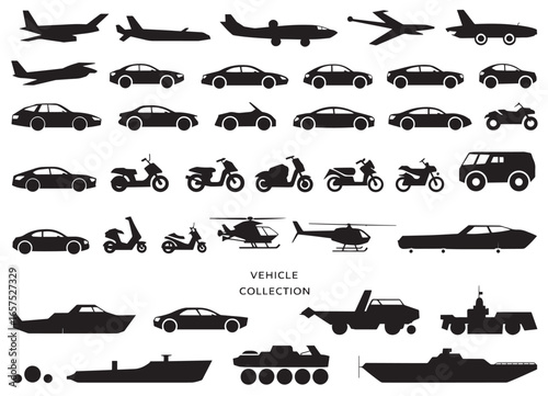 Comprehensive Vector Illustration Collection of Diverse Vehicles Ranging from Aircraft to Watercraft in Sleek Black Silhouettes on White Backdrop