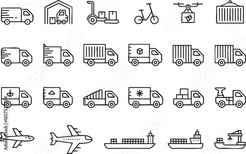 A set of black and white line art various modes of transportation icons on a transparent background