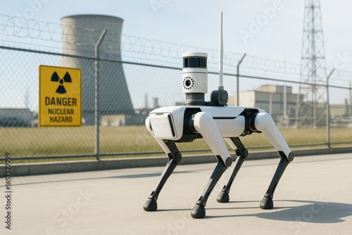 Futuristic robotic dog patrolling nuclear power plant perimeter with radiation warning sign on fence under clear daylight sky in science concept scene. Ai generative