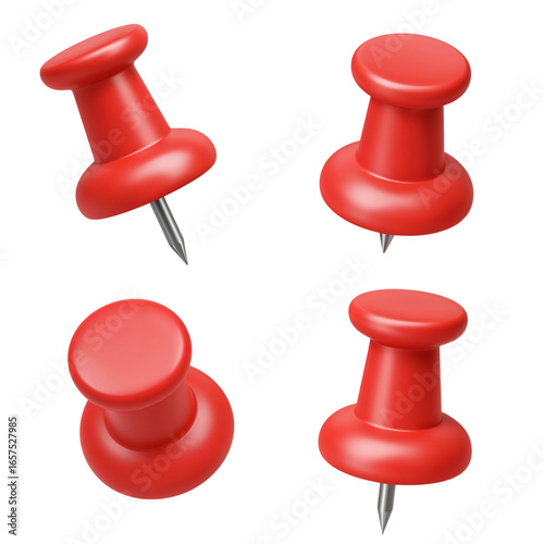 Four bright red push pins displayed from different angles isolated on transparent background