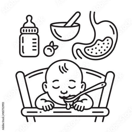 Cute Baby Eating in Highchair with Food Elements Representing Healthy Nutrition and Digestion Process