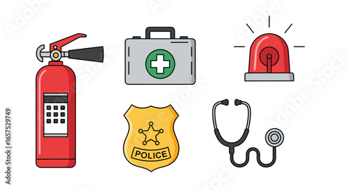 Collection of emergency services and public safety icons including fire, police, and medical symbols in a flat line style.