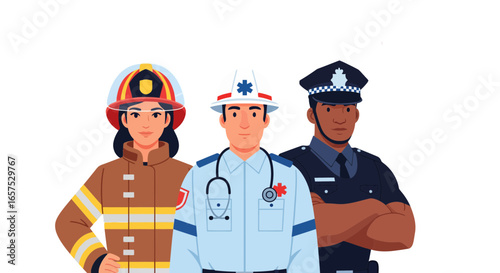 Emergency Responders Firefighter, Paramedic, Police Officer Standing Together