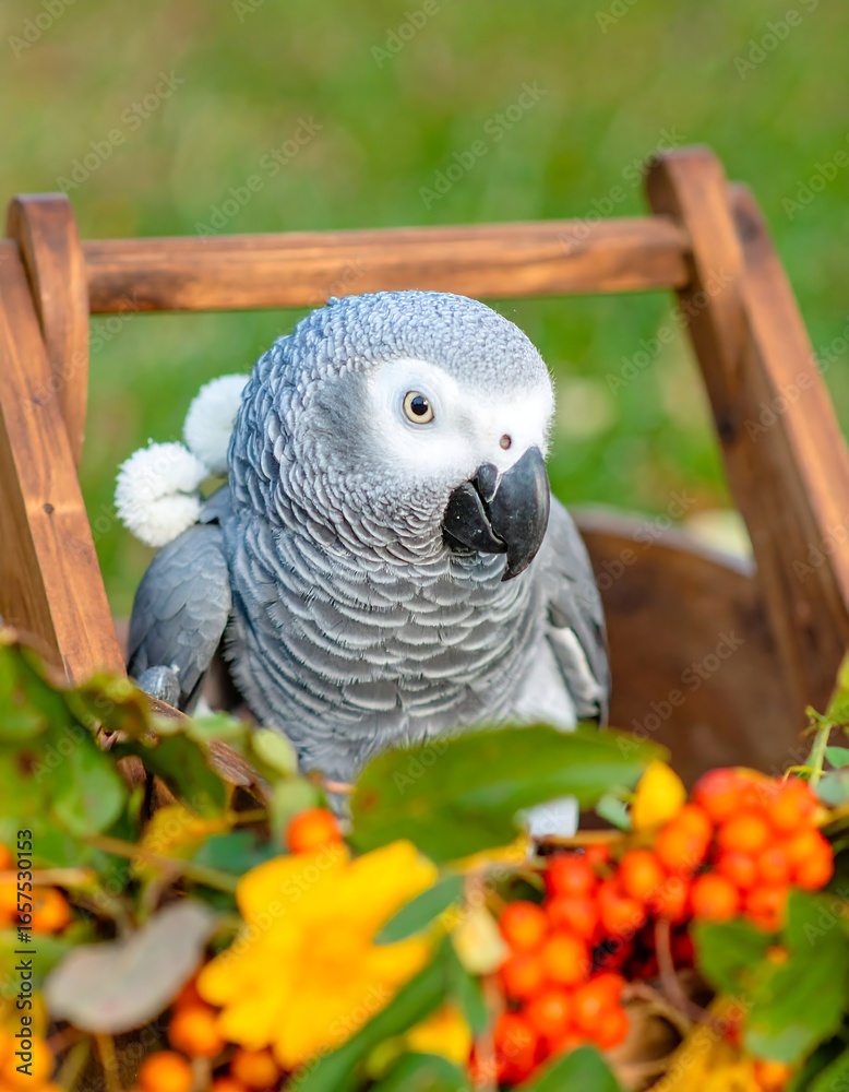 Obraz premium Gray parrot in wooden trough with fall flowers