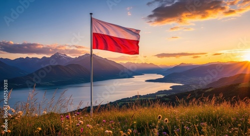 Fototapeta Naklejka Na Ścianę i Meble -  Polish Flag Waving Proudly Over a Majestic Mountain Lake During a Vibrant Sunset
