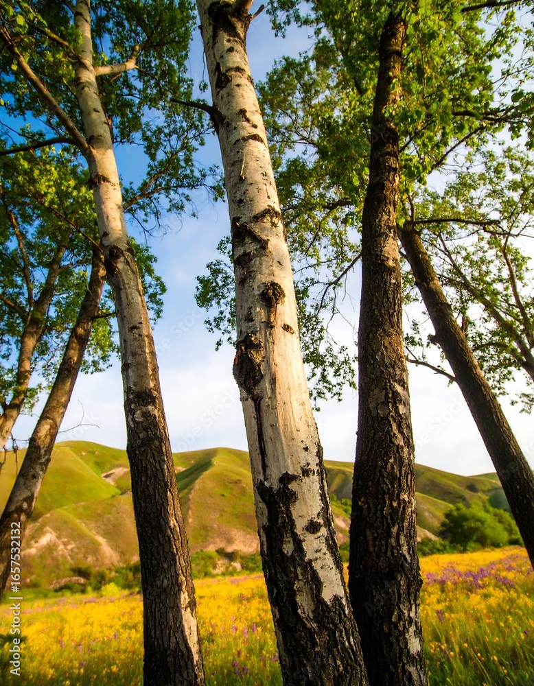 Fototapeta premium Birch Trees, Sunny Meadow, Hillside View
