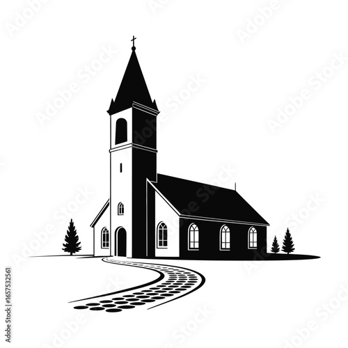 Simple Black and White Church Illustration with Path and Trees