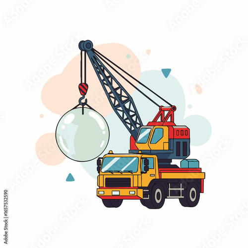 A vibrant illustration depicts a powerful yellow truck-mounted crane meticulously lifting a large, transparent bubble, symbolizing delicate yet robust heavy-duty operations.