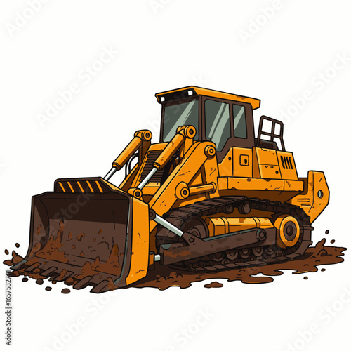 A vibrant yellow bulldozer with a large front blade is depicted in a detailed cartoon illustration, actively pushing a pile of brown earth on a white background.