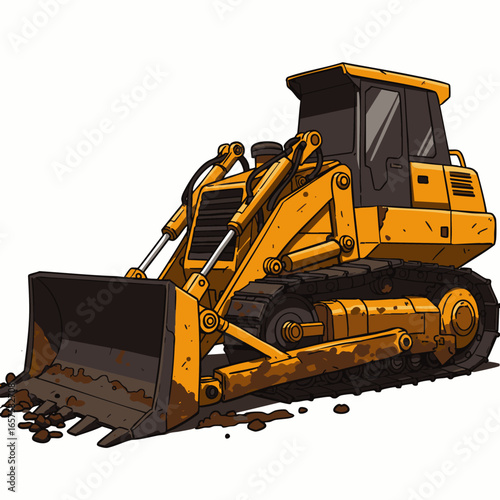 A detailed yellow bulldozer illustration, depicting powerful heavy construction machinery used for earthmoving, excavation, and site preparation projects.