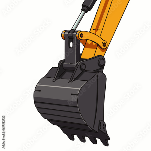 Close-up illustration of a robust excavator bucket and hydraulic arm, designed for heavy-duty digging and earthmoving tasks on construction sites.