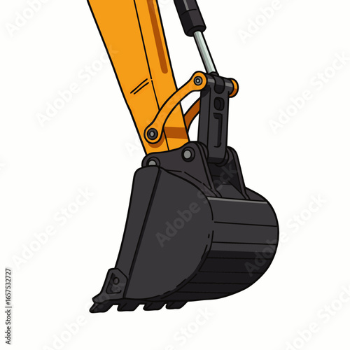 A detailed illustration of a heavy-duty excavator bucket and arm, ready for digging and earthmoving operations on a construction site, isolated on white.