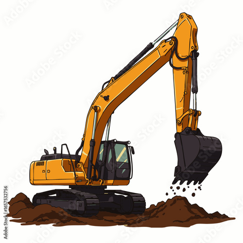 A vibrant yellow hydraulic excavator is actively digging into a mound of brown earth, illustrating heavy machinery at work on a construction site.