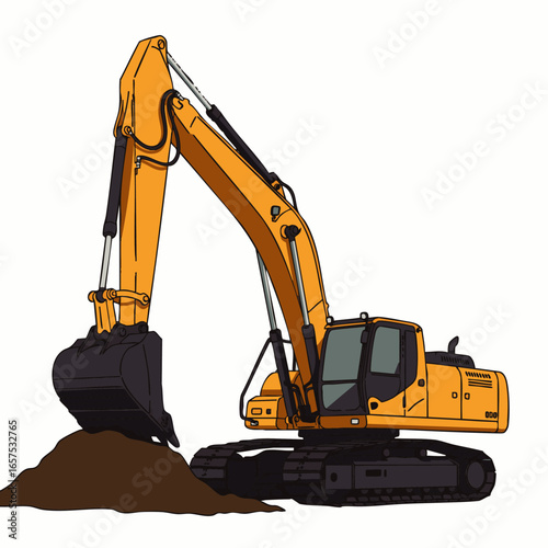 A vibrant yellow hydraulic excavator, a powerful piece of heavy construction machinery, is depicted actively digging a mound of earth.
