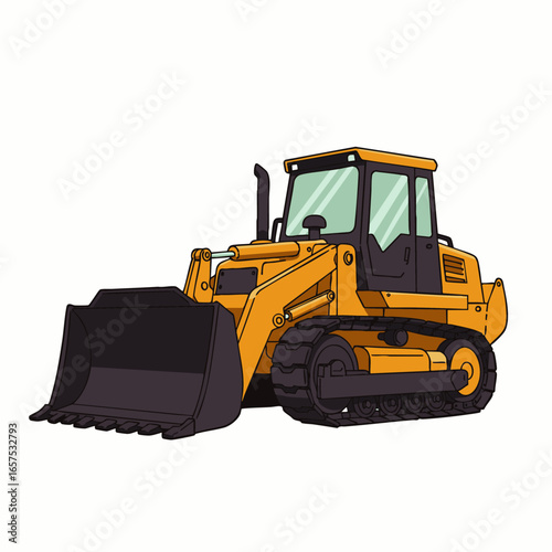 A vibrant yellow front-end loader, an essential heavy construction vehicle, depicted in a clean, isolated cartoon illustration, ready for earthmoving tasks.