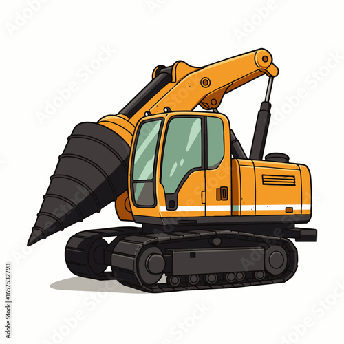 An isolated illustration of a powerful yellow drilling excavator, featuring a large auger, poised for heavy construction and earthmoving projects.