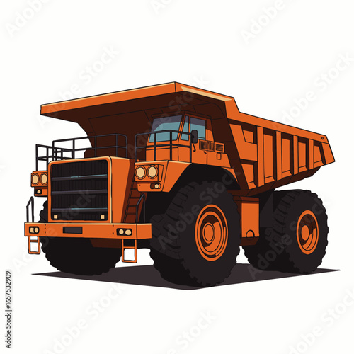 A powerful orange mining dump truck illustration, designed for heavy-duty earthmoving and construction projects, isolated on a clean white background.