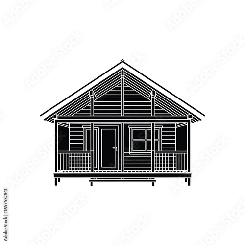 Black and White Illustration of a Cabin with a Porch