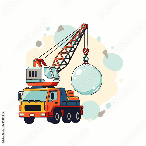 A vibrant cartoon illustration depicts a powerful crane truck with an extended boom, meticulously lifting a large, round object, symbolizing heavy industry and construction.