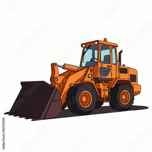An orange front-end loader, a heavy-duty construction vehicle, stands ready for work, symbolizing power and efficiency in earthmoving operations.