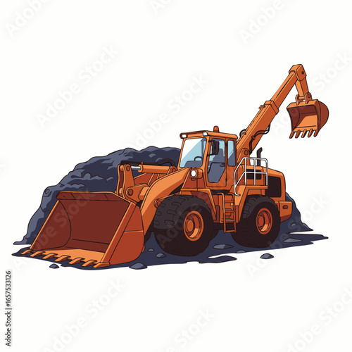 An orange heavy-duty front-end loader and excavator combination is actively working on a pile of dark material, symbolizing construction and industrial operations.