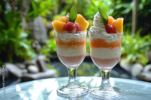 Colorful layered dessert in a glass, topped with whipped cream and fruit.