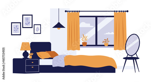 A cozy bedroom with a bed nightstand and window with yellow curtains silhouette