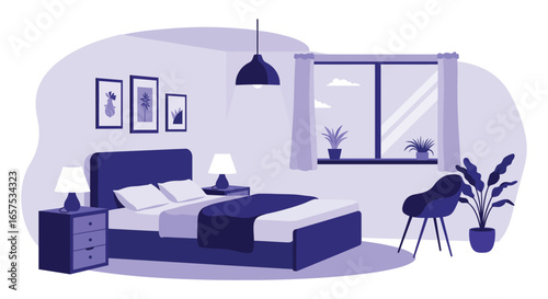 A cozy bedroom with a bed nightstand and window with plants silhouette