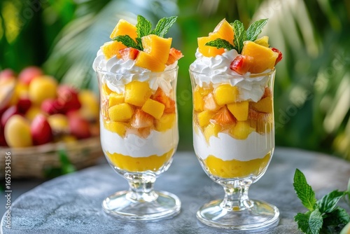 Colorful fruit dessert parfaits layered with whipped cream.