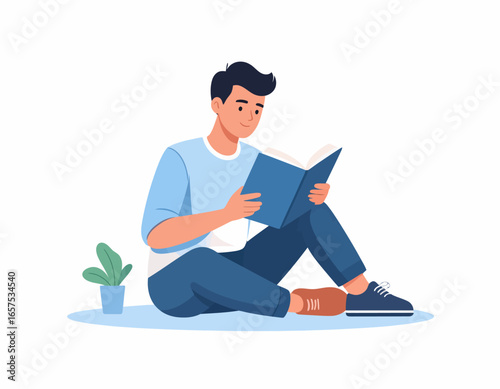 Relaxed Young Man Reading a Book on the Floor.