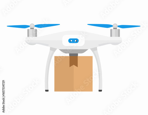 White Drone Carrying a Cardboard Package for Delivery.