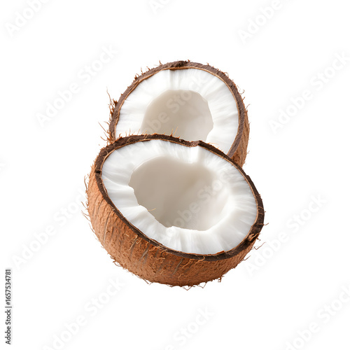 Two slices of fresh coconut with white flesh and brown shell