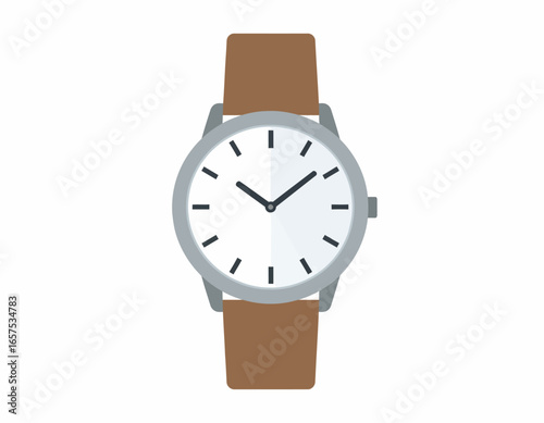 Simple Round Analog Wristwatch with Brown Leather Band.