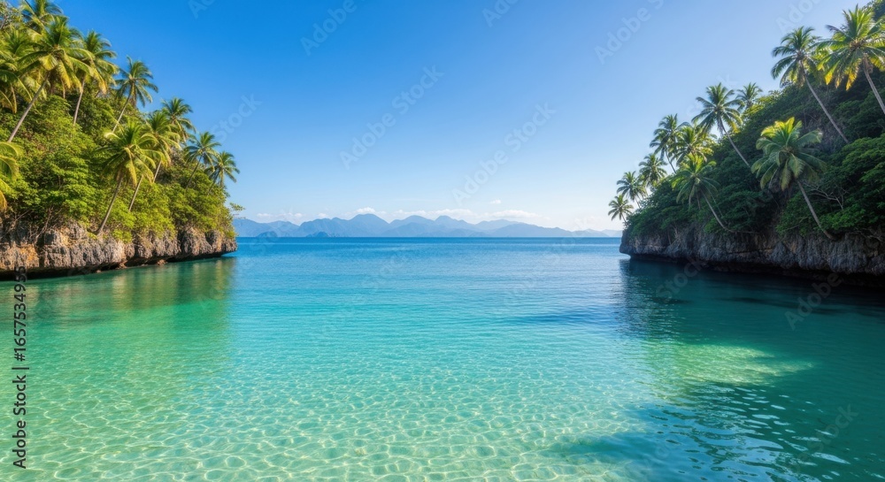 Fototapeta premium Tropical Paradise Ocean Bay with Lush Green Palm Trees and Crystal Clear Turquoise Water Under a Bright Blue Sky