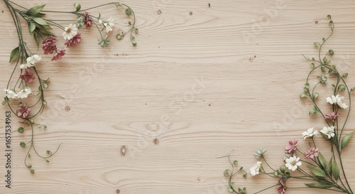 Charming flat lay of delicate spring wildflowers and greenery forming a rustic floral border on a light wooden background with copy space.