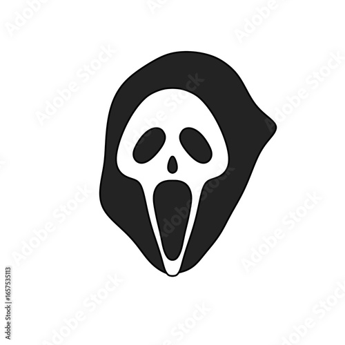 A scary face with a mouth open and a skull on the left side